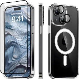 15 Plus 3'ü 1 Arada Set [lens Koruyucu Siyah, Anti-Statik Ekran Koruyucu, Şeffaf Magasafe Kılıfı]