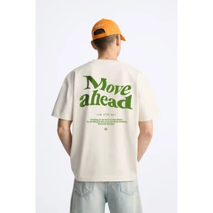 The Champ Bisiklet Yaka Move Ahead Yazılı Kordinat Baskılı Oversize Bej Erkek T-Shirt