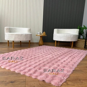 Saraz Halı Bubble Tavşan Post Yumuşacık Tavşan Tüyü Kaymaz Yıkanabilir Pembe