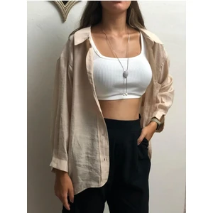 Kadın Düşük Omuzlu Owersize Gömlek Krem