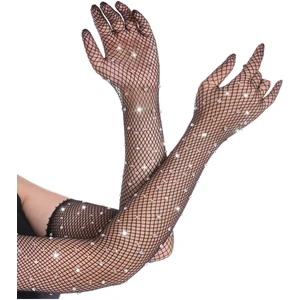 Elegance Scarf Siyah Uzun Şık Gelin Eldiveni Tül Eldiven Nikah/Düğün Eldiveni Taşlı Eldiven Parti Eldiveni