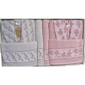 Fiore Line Gri Pembe Bambu Aile Bornoz Seti