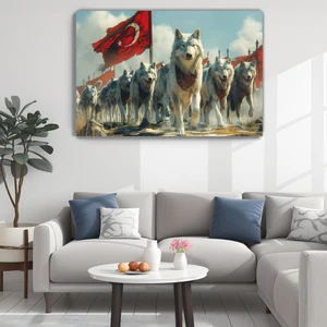 Şanlı Zafer Kanvas Duvar Tablosu - Ev Salon Koridor Oturma Odası Ofis Dekorasyonu -Türkiye -Bayrak -Kurt