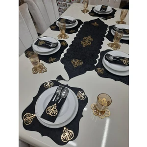 Sehara Home 1 Runner 6 Amerikan Servis 6 Kaşıklık 6 B.altlığı 19 Parça yemek Sunum Seti siyah Üzeri Gold Motifli