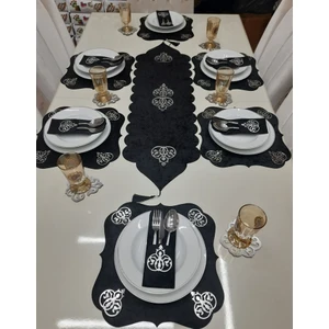 Sehara Home 1 Runner 6 Amerikan Servis 6kaşıklık 6 B.altlığı 19 Parça yemek Sunum Seti siyah Üzeri Gümüş Motifli