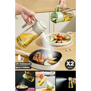 2'li Çift Fonksiyonlu Cam Yağdanlık 550ML Kulplu Zeytinyağı Sıvıyağ Şişesi Airfryer Sprey Yağlık