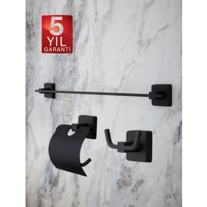 Siyah Paslanmaz Uzun Havluluk / Geniş Kapaklı Tuvalet Kağıtlığı / Banyo Askılığı -Pirinç 3lü Set