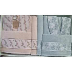 Fiore Line Bej Yeşil Bambu Aile Bornoz Seti Özdilek Bornoz