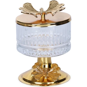 Tasarım Evi Şık Tasarımlı Cam Sunumluk Lokumluk Şekerlik Gold Ayaklı ve Kelebek Kapaklı Lüx Lokumluk Drajelik