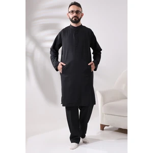 İhvan Online Erkek Hac ve Umre Kıyafeti Ikili Alt Üst Afgan Takım Siyah