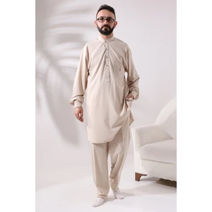 İhvan Online Erkek Çınar Hac ve Umre Kıyafeti Ikili Alt Üst Viskon Afgan Takım Koyu Krem