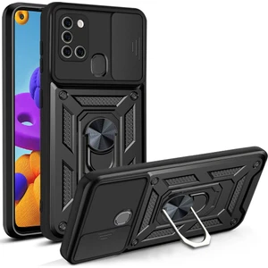 Case 4u Samsung Galaxy A21S Kılıf Ultra Korumalı Yüzüklü Manyetik Sürgülü Vega Kapak Siyah