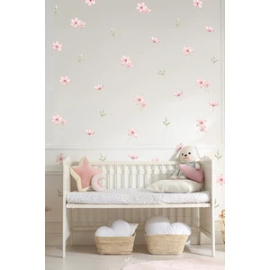 Pembe Çayır ve Kır Çiçekleri Yaprak Desenli Mat Kendinden Yapışkanlı Duvar Sticker – Çocuk ve Bebek Odası Dekoru