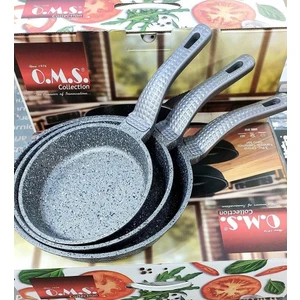 Oms 3737 Fry Pan Döküm Granit 3 Parça Tava Seti Gri (20-24-28 Cm)