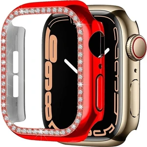 Megafox Teknoloji Kırmızı Apple Watch 40 mm Uyumlu Kasa Koruyucu Taşlı Renkli Sert Pc 360 Tam Koruma Ekran Koruyucu Gard