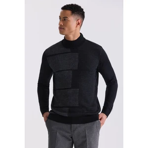 Siyah Regular Fit Yarım Balıkçı Yaka Desenli Erkek Triko