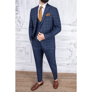 Paco Romano Erkek Slim Fit Sivri Yaka Ekose Yelekli Koyu Mavi Kombin Takım Elbise