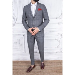 Paco Romano Erkek Slim Fit Sivri Yaka Ekose Yelekli Açık Gri Kombin Takım Elbise