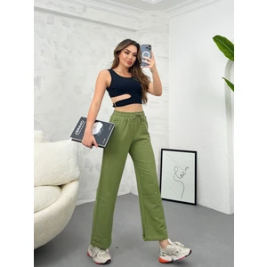 Ozy Fashion Yüksek Bel Beli Lastikli Cepli Flamlı Keten Bol Paça Yazlık Pantolon Ket001