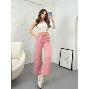 Ozy Fashion Yüksek Bel Beli Lastikli Cepli Flamlı Keten Bol Paça Yazlık Pantolon Ket001