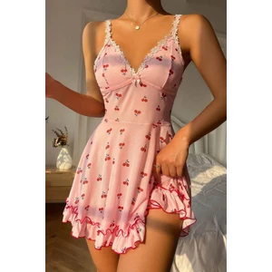 Bella Notte Romantik Pembe Kiraz Baskılı Askılı Tanga ve Tül Gecelik