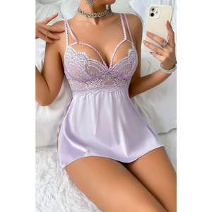 Bella Notte Lila  Askılı Yırtmaçlı Dantelli Saten Gecelik
