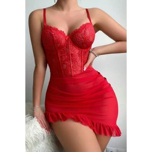 Bella Notte 2 Parça Balenli Fırfırlı Dantel Tül Gecelik