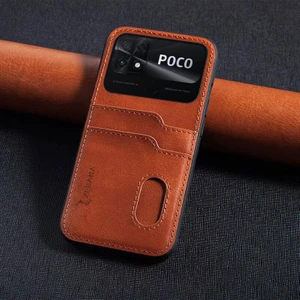 Xiaomi Poco C40 Uyumlu Kılıf Zebana Kartlıklı Lüx Deri Kılıf Kahverengi