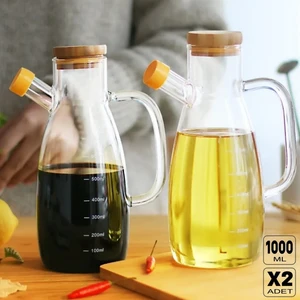 2'li Bambu Kapaklı Yağdanlık 1000 ml Borosilikat Cam Yağlık Sirkelik Şişesi Master Vakumlu Sosluk