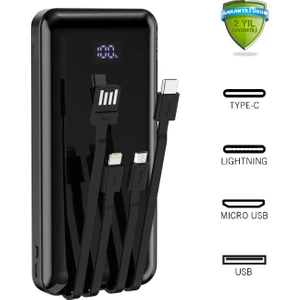 10000 Mah Dijital Göstergeli Dahili Kablolu Powerbank 10000 Mah Powerbank Lightning - Type C - USB - Micro USB Dahili Kablolu Powerbank Bpb3 Deprem Powerbank Deprem Powerbanki