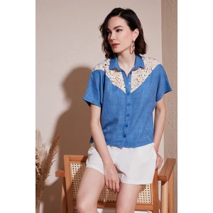 Dantelli Relaxed Fit Kısa Kollu Gömlek Bayan Gömlek 5865764
