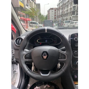 Clio 4 2017 Faz 2 Model Uyumlu  Spor Desen Direksiyon Kılıfı Beyaz Dikiş Beyaz Şeritli