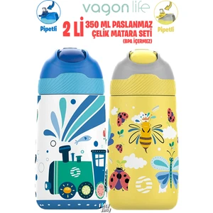 2'li Set 350 ml Çocuk Pipetli Çelik Matara 2055 350 ml