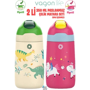 2'li Set 350 ml Çocuk Pipetli Çelik Matara 2055 350 ml