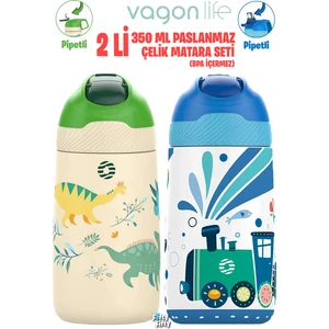 2'li Set 350 ml Çocuk Pipetli Çelik Matara 2055 350 ml