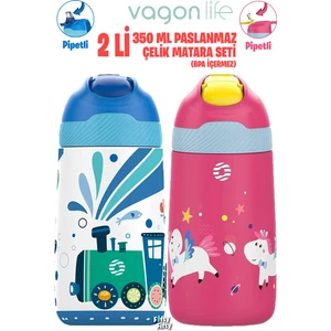 2'li Set 350 ml Çocuk Pipetli Çelik Matara 2055 350 ml