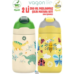 2'li Set 350 ml Çocuk Pipetli Çelik Matara 2055 350 ml