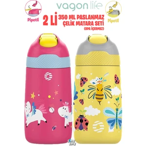 2'li Set 350 ml Çocuk Pipetli Çelik Matara 2055 350 ml