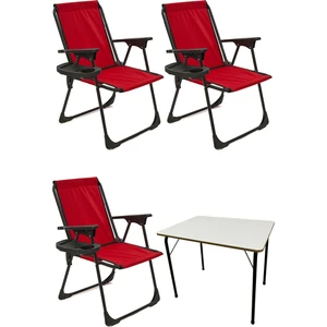 3 Adet Kamp Sandalyesi Katlanır Piknik Sandalye Oval Bardaklıklı Kırmızı + MDF Masa