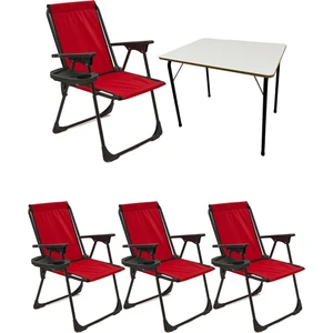 4 Adet Kamp Sandalyesi Katlanır Piknik Sandalye Oval Bardaklıklı Kırmızı + MDF Masa