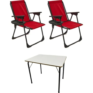 2 Adet Kamp Sandalyesi Katlanır Piknik Sandalye Oval Bardaklıklı Kırmızı + MDF Masa