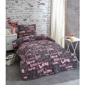 Denizli Çeyiz Çift Taraflı Tek Kişilik Kapitone Yatak Örtüsü Takımı Love Antrasit