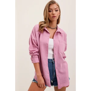 20153 Tek Cepli Oversize Keten Gömlek - Pudra