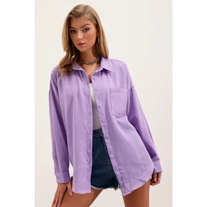 20153 Tek Cepli Oversize Keten Gömlek - Lila