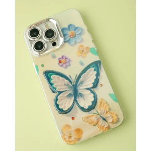 Paladyum Case iPhone 14 Pro Uyumlu Lens Korumalı Simli Kelebekli Çiçekli Kılıf