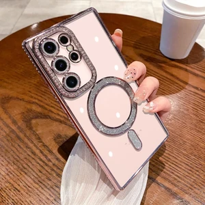 M.TK Moveteck Samsung Galaxy S24 Ultra Uyumlu Kılıf Kamera ve Kanarları Taşlı Lens Koruyucu Parlak Swarovski Taşlı Arkası Şeffaf Magsafe Silikon