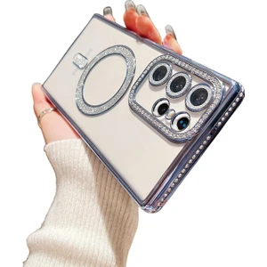 M.TK Moveteck Samsung Galaxy S24 Ultra Uyumlu Kılıf Kamera ve Kanarları Taşlı Lens Koruyucu Parlak Swarovski Taşlı Arkası Şeffaf Magsafe Silikon