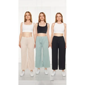 Sashaa Collection 3'lü Siyah - Bej - Yeşil Kadın Fitilli Rahat Pantolon & Eşofman Gündelik Rahat Ev Giyim Pijama