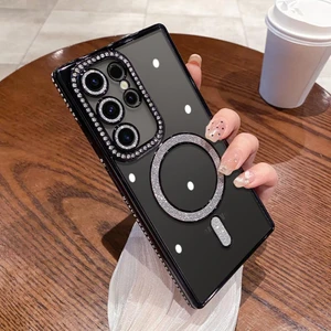 M.TK Moveteck Samsung Galaxy S24 Ultra Uyumlu Kılıf Kamera ve Kanarları Taşlı Lens Koruyucu Parlak Swarovski Taşlı Arkası Şeffaf Magsafe Silikon