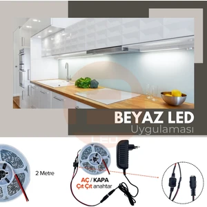 Amber LED 12V Yüksek Parlaklık 4040 Şerit LED Tak Çalıştır Hazır Set, 2 Metre Beyaz , Çıt Çıt Aç-Kapa Anahtar ve Adaptör Dahil, Gizli Aydınlatma, Mutfak, Tezgah, Dolap İçi ve Ayna İçin